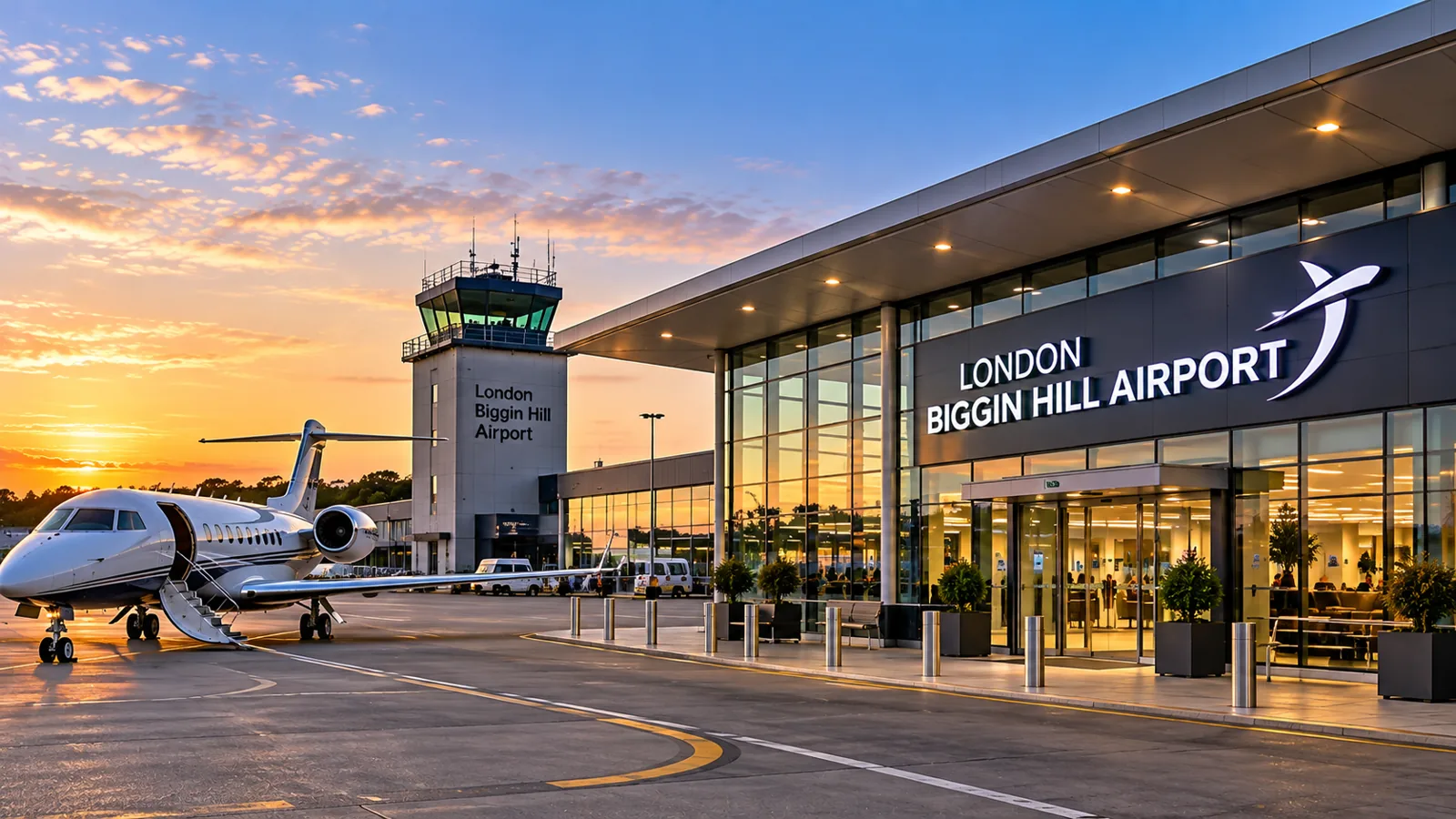 Private jet outside London Biggin Hill Airport terminal – chauffeur transfer from Croydon