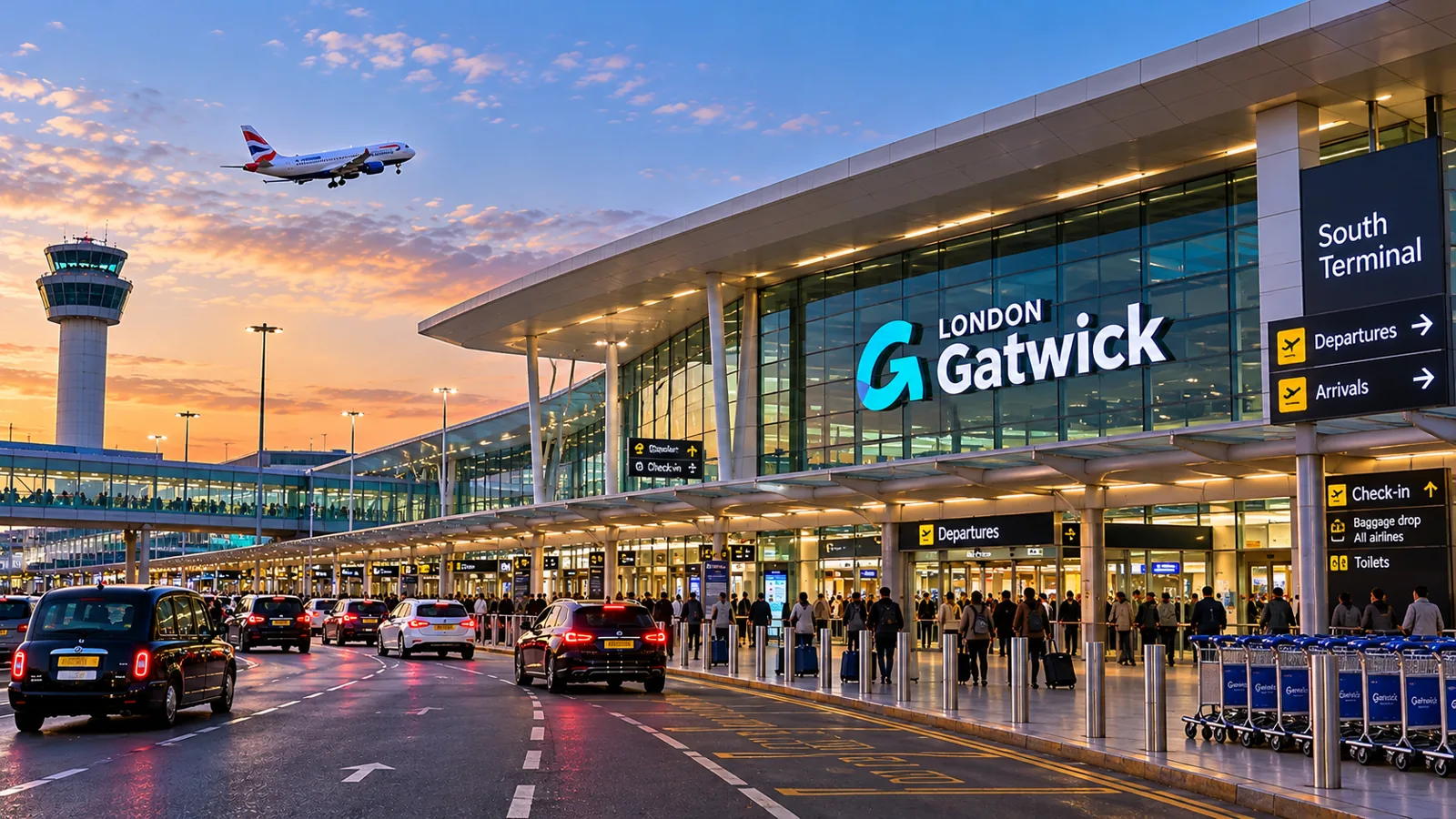 Taxis outside London Gatwick South Terminal at sunset – Croydon to Gatwick airport transfer