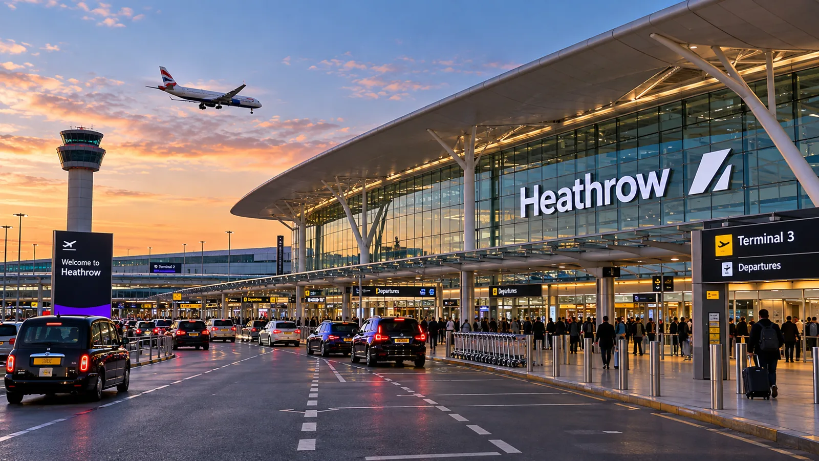 Taxi and minicab arriving at Heathrow Airport terminal at sunset – Croydon Airport Transfers