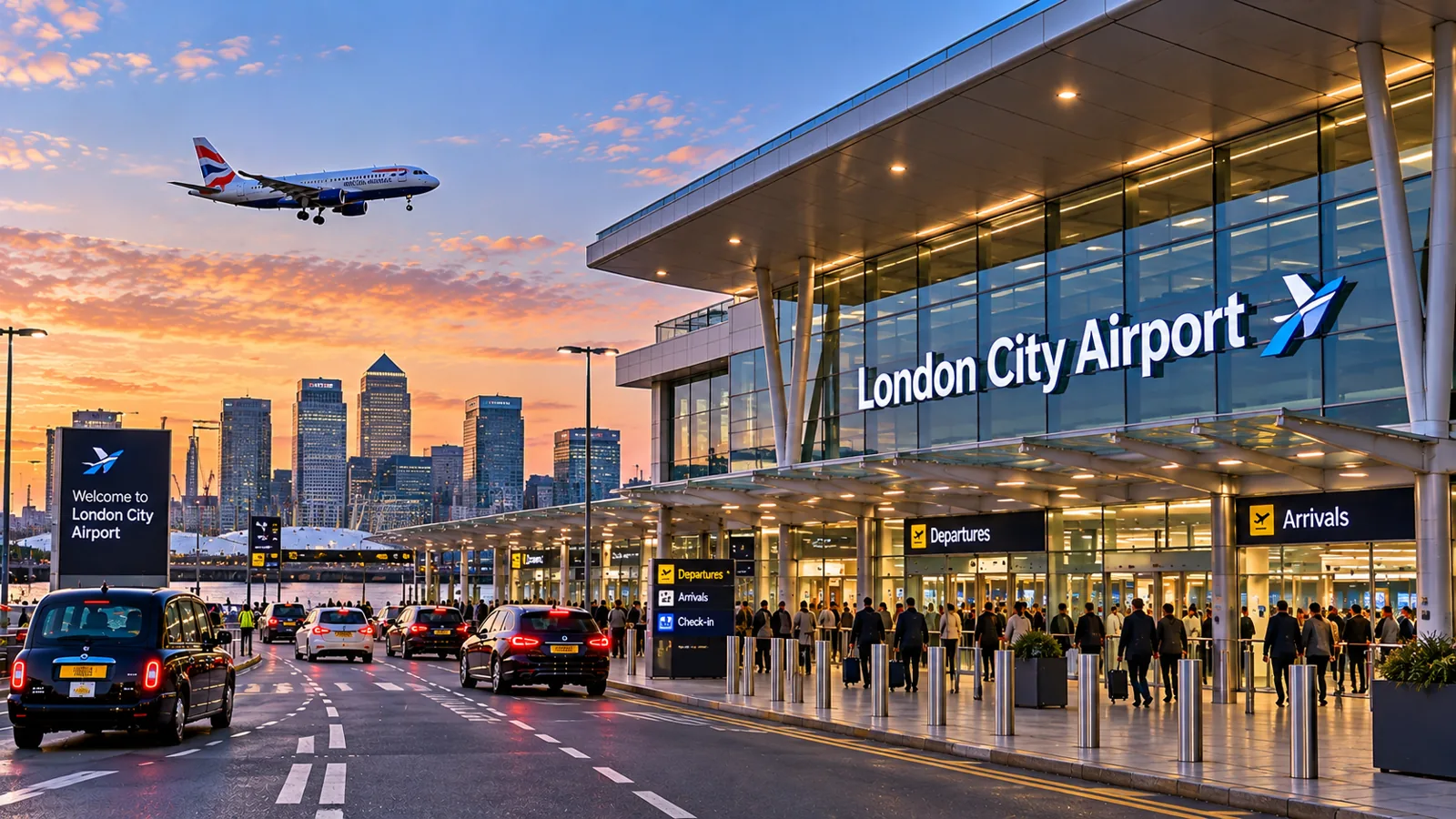 Taxis outside London City Airport with Canary Wharf skyline – Croydon to London City airport transfer