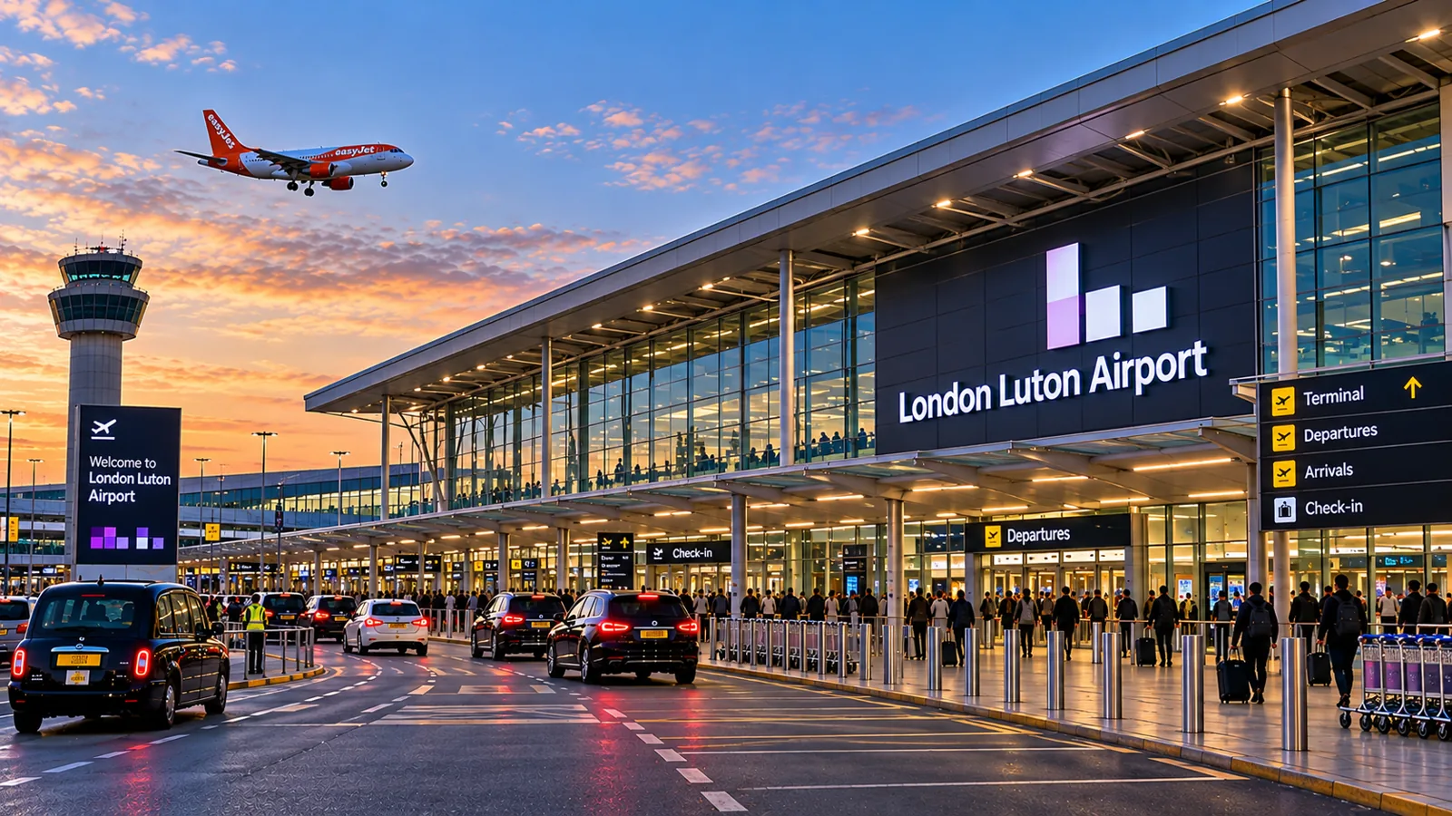 Taxis at London Luton Airport terminal at sunset – Croydon to Luton airport transfer