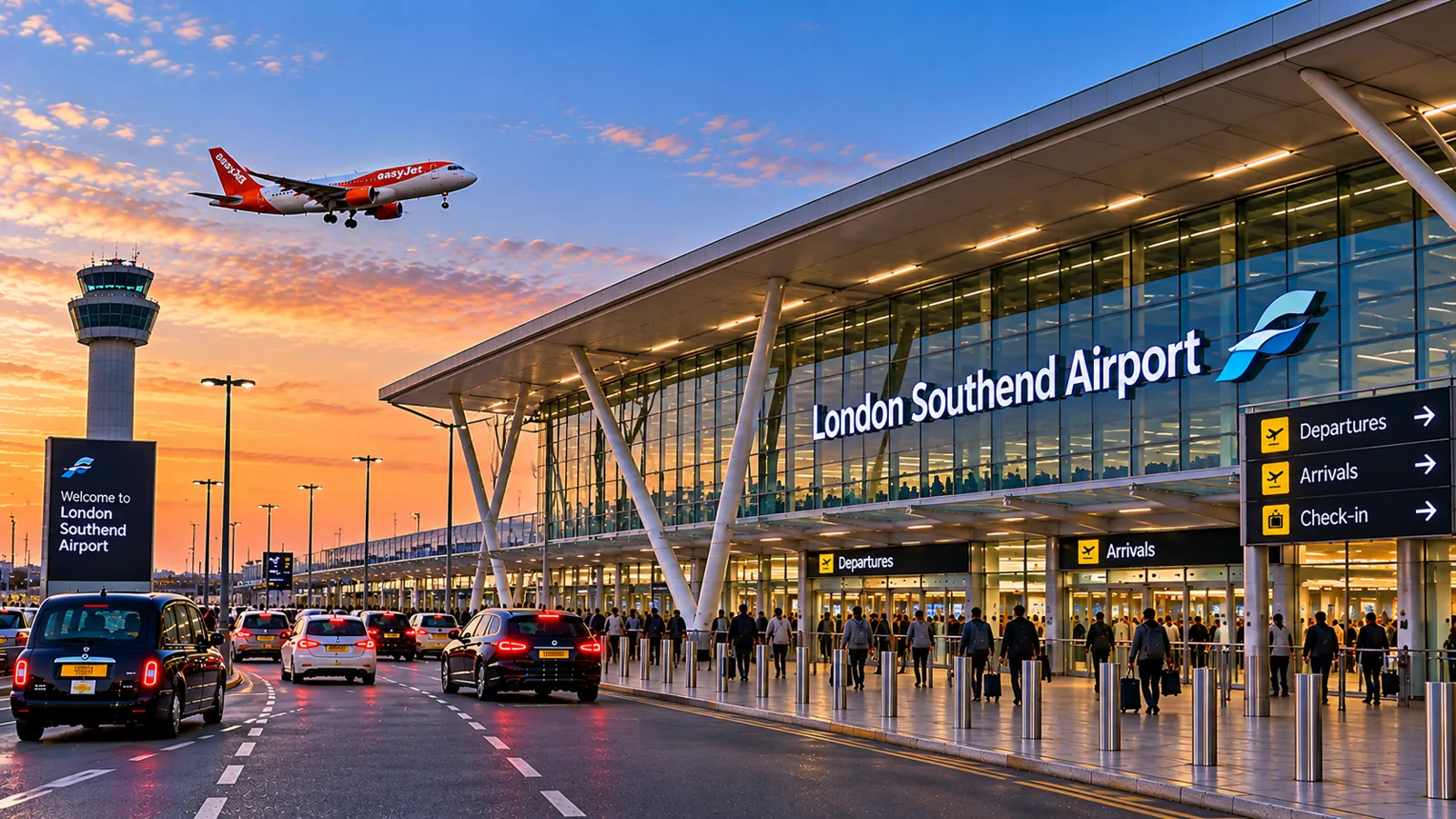 Taxis outside London Southend Airport terminal at sunset – Croydon to Southend airport transfer