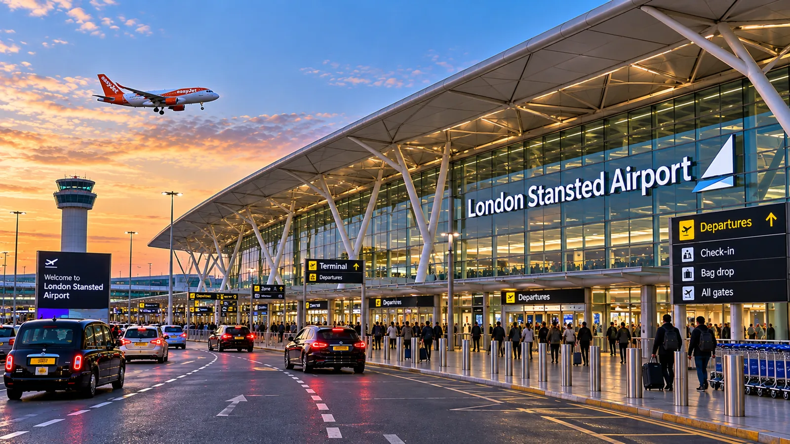 Minicab outside London Stansted Airport terminal at dusk – Croydon to Stansted airport transfer